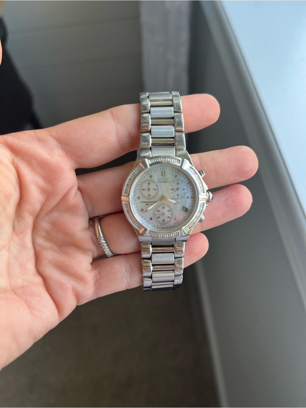 Citizen Silver Stainless Steel Chronograph Watch with Mother-of-Pearl Dial